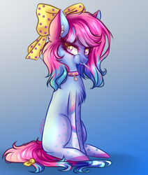 Size: 650x768 | Tagged: safe, artist:kyannepopys, imported from derpibooru, oc, oc only, earth pony, pony, bow, chest fluff, collar, earth pony oc, female, gradient background, hair bow, mare, solo