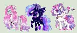 Size: 1314x568 | Tagged: safe, artist:kyannepopys, imported from derpibooru, oc, oc only, pegasus, pony, unicorn, base used, clothes, ethereal mane, eyelashes, female, gray background, horn, mare, pegasus oc, simple background, socks, starry mane, striped socks, unicorn oc, wings