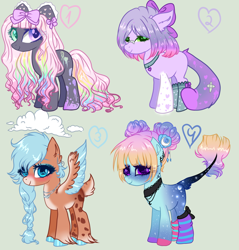 Size: 1418x1481 | Tagged: safe, artist:kyannepopys, imported from derpibooru, oc, oc only, earth pony, pegasus, pony, base used, blushing, bow, braid, clothes, colored wings, earth pony oc, eyelashes, gray background, hair bow, heterochromia, makeup, multicolored hair, pegasus oc, rainbow hair, simple background, smiling, socks, two toned wings, wings