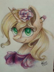 Size: 480x640 | Tagged: safe, artist:avonir, imported from derpibooru, oc, oc only, pony, unicorn, bust, clothes, ear piercing, earring, eyelashes, female, flower, flower in hair, horn, jewelry, mare, piercing, signature, smiling, solo, traditional art, unicorn oc