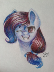 Size: 480x640 | Tagged: safe, artist:avonir, imported from derpibooru, oc, oc only, earth pony, pony, bust, earth pony oc, eyelashes, female, grin, mare, one eye closed, signature, smiling, solo, traditional art, wink