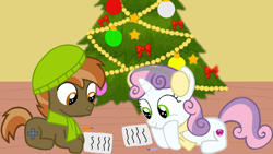 Size: 1280x720 | Tagged: safe, artist:mlplary6, imported from derpibooru, button mash, sweetie belle, earth pony, pony, unicorn, christmas, christmas card, colt, female, filly, holiday, male, shipping, straight, sweetiemash