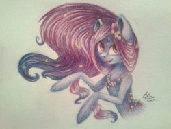 Size: 604x453 | Tagged: safe, artist:avonir, imported from derpibooru, oc, oc only, earth pony, pony, bust, earth pony oc, eyelashes, female, flower, flower in hair, mare, signature, smiling, solo, traditional art
