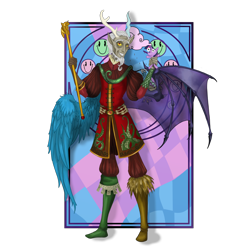 Size: 3870x3820 | Tagged: safe, artist:moryartix, imported from derpibooru, discord, human, clothes, eared humanization, grin, high res, horned humanization, horns, humanized, male, scepter, simple background, smiling, solo, transparent background, winged humanization, wings