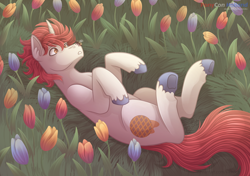 Size: 1654x1165 | Tagged: safe, artist:kikirdcz, imported from derpibooru, oc, oc:stroopwafeltje, bee, insect, pony, unicorn, flower, lying down, on back, ponycon holland, solo, tulip