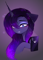 Size: 2550x3534 | Tagged: source needed, safe, artist:magnaluna, imported from derpibooru, princess luna, alicorn, pony, blushing, cellphone, female, high res, phone, simple background, smartphone, solo, this will end in unfollow