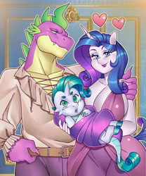 Size: 2500x3000 | Tagged: safe, artist:nauth, imported from derpibooru, rarity, spike, oc, oc:saphira, anthro, dracony, dragon, hybrid, unguligrade anthro, big breasts, breasts, busty rarity, celestia's dragon breeding program, cleavage, daughter, dilf, female, high res, holding a baby, interspecies offspring, male, milf, offspring, parent:rarity, parent:spike, parents:sparity, shipping, sparity, straight, wholesome