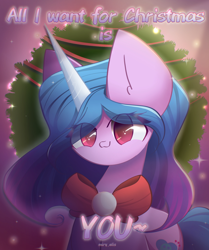 Size: 1800x2150 | Tagged: safe, artist:miryelis, imported from derpibooru, izzy moonbow, pony, unicorn, all i want for christmas is you, big eyes, bow, christmas, cute, g5, gradient, gradient mane, holiday, horn, izzybetes, looking at you, mariah carey, my little pony: a new generation, sitting, smiling, smiling at you, solo, text