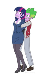 Size: 666x1000 | Tagged: safe, artist:carnifex, imported from derpibooru, spike, twilight sparkle, equestria girls, arm behind back, breasts, cleavage, clothes, commission, duo, female, grabbing, gritted teeth, human spike, jacket, looking back, male, smiling, varsity jacket