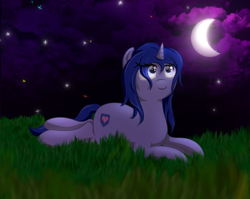 Size: 3000x2389 | Tagged: safe, artist:melody joy, imported from derpibooru, oc, oc:simetra, pony, unicorn, female, grass, high res, looking up, lying down, moon, night, smiling, solo, stars