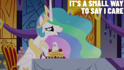 Size: 1280x720 | Tagged: safe, edit, edited screencap, editor:quoterific, imported from derpibooru, screencap, princess celestia, alicorn, pony, a royal problem, season 7, crown, female, food, jewelry, mare, open mouth, open smile, pancakes, regalia, smiling, solo