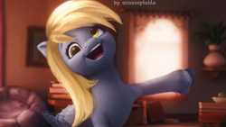 Size: 1000x563 | Tagged: safe, artist:annaxeptable, edit, edited screencap, imported from derpibooru, screencap, derpy hooves, pegasus, pony, spoiler:my little pony: a new generation, cute, derpabetes, female, folded wings, g4, g4 to g5, g5, g5 movie accurate, indoors, mare, my little pony: a new generation, open mouth, open smile, smiling, solo, style emulation, ta-da!, unshorn fetlocks, wings