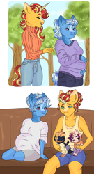 Size: 2090x3870 | Tagged: safe, artist:rainydayjitters, imported from derpibooru, sunset shimmer, trixie, oc, anthro, unguligrade anthro, unicorn, breasts, busty trixie, clothes, couch, female, high res, horn, jeans, lesbian, looking at each other, looking at someone, magical lesbian spawn, offspring, pants, parent:sunset shimmer, parent:twilight sparkle, parents:sunsetsparkle, pregnant, shipping, sitting, standing, suntrix, sweater, tail, tanktop