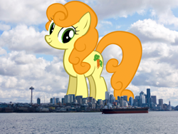 Size: 1400x1050 | Tagged: safe, artist:sirleandrea, artist:thegiantponyfan, imported from derpibooru, carrot top, golden harvest, earth pony, pony, female, giant pony, giant/macro earth pony, giantess, highrise ponies, irl, macro, mare, mega giant, photo, ponies in real life, seattle, washington