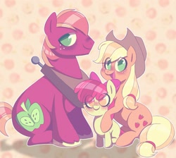 Size: 1600x1435 | Tagged: safe, artist:texacity, imported from derpibooru, apple bloom, applejack, big macintosh, earth pony, pony, adorabloom, apple bloom's bow, apple siblings, apple sisters, applejack's hat, blushing, bow, brother and sister, cowboy hat, cute, female, filly, freckles, hair bow, hat, jackabetes, macabetes, male, mare, siblings, sisters, smiling, stallion, yoke