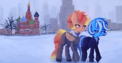 Size: 2148x1125 | Tagged: safe, artist:menalia, imported from derpibooru, oc, oc only, oc:freezy coldres, oc:shiny flames, pony, unicorn, city, clothes, female, gloves, horn, jacket, kremlin, lesbian, looking at each other, looking at someone, mare, moscow, pants, russia, shirt, shoes, smiling, snow, st. basil's cathedral, sweater, tree, wings, winter