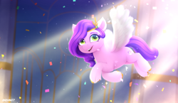 Size: 3783x2200 | Tagged: safe, artist:rivin177, imported from derpibooru, pipp petals, pegasus, pony, crown, female, fluffy, flying, g5, glowin' up, green eyes, high res, jewelry, lights, lineless, mare, my little pony: a new generation, regalia, solo, spread wings, wings