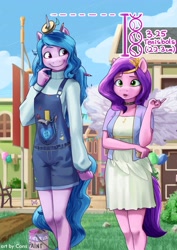Size: 2480x3508 | Tagged: safe, alternate version, artist:pwnagespartan, imported from derpibooru, izzy moonbow, pipp petals, anthro, pegasus, unicorn, adorapipp, balloon, choker, clothes, cloud, compass, cute, dialogue, dress, duo, duo female, female, g5, hammer, height supremacy, high res, horn, horn impalement, izzy impaling things, izzy is tol, izzybetes, larger female, marelet, my little pony: a new generation, overalls, paint, paint can, pipp is short, screwdriver, size difference, skirt, smaller female, smol, thought bubble, tools, wings