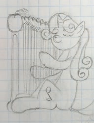 Size: 1293x1694 | Tagged: safe, artist:kanw, imported from derpibooru, sweetie belle, pony, unicorn, apple, cute, diasweetes, food, graph paper, harp, monochrome, musical instrument, newbie artist training grounds, older, older sweetie belle, photo, playing instrument, solo, strings, traditional art, wrong cutie mark