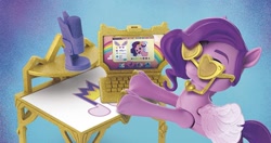 Size: 1203x636 | Tagged: safe, imported from derpibooru, pipp petals, pegasus, pony, adorapipp, computer, cute, desk, female, g5, laptop computer, mare, markings, merchandise, my little pony: a new generation, official, solo, sunglasses, toy, unshorn fetlocks