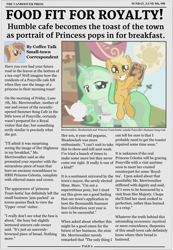 Size: 1280x1853 | Tagged: safe, artist:askmerriweatherauthor, imported from derpibooru, oc, oc:coffee talk, oc:meadow lark (ask merriweather), oc:merriweather, pegasus, pony, unicorn, ask merriweather, bread, colt, food, magic, male, newspaper, pareidolia, teapot, toast