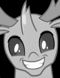 Size: 850x1096 | Tagged: safe, imported from derpibooru, thorax, changedling, changeling, black and white, face only, grayscale, grin, king thorax, monochrome, smiling, solo, staring at you