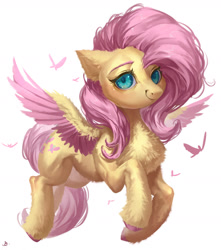 Size: 2118x2400 | Tagged: safe, artist:makkah, imported from derpibooru, fluttershy, butterfly, pegasus, pony, aside glance, chest fluff, colored hooves, colored wings, colored wingtips, ear fluff, female, fluffy, high res, looking at you, mare, simple background, smiling, solo, spread wings, three quarter view, two toned wings, unshorn fetlocks, white background, wings