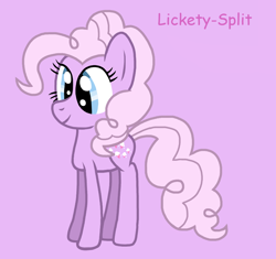 Size: 906x851 | Tagged: safe, artist:piggythebiker689, imported from derpibooru, lickety split, earth pony, pony, blue eyes, cute, female, g1, g1 licketybetes, g1 to g4, g4, generation leap, lilac background, mare, pink text, simple background, smiling, solo, text, wrong eye color