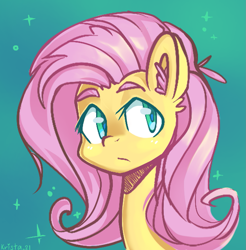 Size: 1237x1255 | Tagged: safe, artist:krista-21, imported from derpibooru, fluttershy, pony, bust, ear fluff, female, gradient background, looking sideways, mare, portrait, solo, sparkles, three quarter view