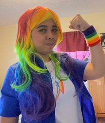 Size: 1080x1265 | Tagged: safe, artist:aqoursplay, imported from derpibooru, rainbow dash, human, equestria girls, clothes, cosplay, costume, cutie mark on clothes, irl, irl human, multicolored hair, photo, rainbow hair, solo