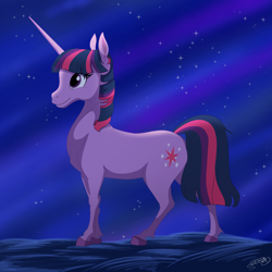 Size: 3000x3000 | Tagged: safe, artist:serra20, imported from derpibooru, twilight sparkle, pony, unicorn, high res, hoers, night, solo, stars, unicorn twilight