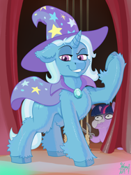 Size: 3024x4032 | Tagged: safe, artist:wispy tuft, imported from derpibooru, trixie, twilight sparkle, pony, unicorn, cape, clothes, fluffy, hat, imminent death, imminent violence, inconvenient twilight, magician outfit, phantom of the opera, rope, scissors, stage, stage light, stage show, this will end in death, this will end in tears, this will end in tears and/or death, this will not end well, trixie's hat, twiggie, wizard hat