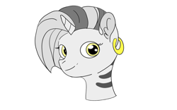 Size: 1280x800 | Tagged: safe, artist:royaltyofequestria, imported from derpibooru, oc, oc only, oc:maya, unicorn, zebra, zebracorn, bust, ear fluff, ear piercing, earring, eyelashes, gold, grey hair, horn, jewelry, looking at you, mane, multicolored hair, piercing, portrait, simple background, solo, stripes, zebra oc