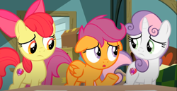 Size: 1282x661 | Tagged: safe, imported from derpibooru, screencap, apple bloom, scootaloo, sweetie belle, earth pony, pegasus, unicorn, the last crusade, cropped, cute, cutie mark crusaders, female, filly, floppy ears, sad, sadorable, trio