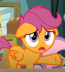 Size: 523x585 | Tagged: safe, imported from derpibooru, screencap, scootaloo, sweetie belle, pegasus, pony, season 9, the last crusade, spoiler:s09, cropped, cute, cutealoo, d:, female, filly, floppy ears, folded wings, open mouth, raised hoof, sad, sadorable, solo, the cmc's cutie marks, wings