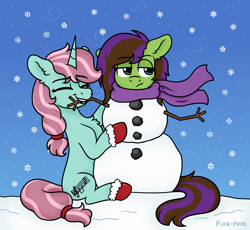 Size: 1500x1380 | Tagged: safe, artist:pink-pone, imported from derpibooru, oc, oc only, pony, unicorn, clothes, female, mare, scarf, snow, snowman
