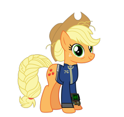 Size: 6399x6017 | Tagged: safe, artist:ponygamer2020, imported from derpibooru, applejack, earth pony, pony, fallout equestria, the last problem, alternate hairstyle, applejack's hat, clothes, cowboy hat, fallout, fallout 76, female, hat, jumpsuit, looking at you, mare, older, older applejack, pip-boy 2000 mark vi, pipboy, simple background, smiling, smiling at you, solo, teeth, transparent background, vault suit, vector