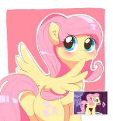 Size: 2016x2165 | Tagged: safe, artist:leo19969525, imported from derpibooru, fluttershy, pegasus, pony, alternate hairstyle, blushing, butt, cute, ear fluff, female, flutterbutt, gameloft interpretation, high res, looking back, mare, plot, rear view, screencap reference, shyabetes, solo, spread wings, wings