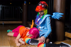 Size: 3000x2000 | Tagged: safe, artist:cosplayhazard, artist:meotashie, artist:videogamestupid, imported from derpibooru, rainbow dash, scootaloo, human, clothes, converse, cosplay, costume, goggles, high res, irl, irl human, katsucon, katsucon 2016, photo, rainbow socks, shoes, sleeping, sneakers, socks, striped socks