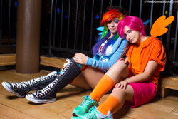 Size: 3000x2000 | Tagged: safe, artist:cosplayhazard, artist:meotashie, artist:videogamestupid, imported from derpibooru, rainbow dash, scootaloo, human, clothes, converse, cosplay, costume, duo, goggles, high res, irl, irl human, katsucon, katsucon 2016, multicolored hair, photo, rainbow hair, rainbow socks, shoes, sitting, sneakers, socks, striped socks