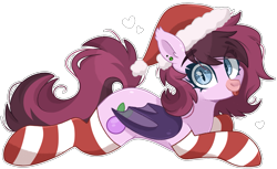 Size: 1883x1152 | Tagged: safe, artist:cinnamontee, imported from derpibooru, oc, oc:bree berry, bat pony, :p, bat pony oc, christmas, clothes, cute, hat, holiday, looking at you, lying down, santa hat, simple background, socks, tongue out, transparent background