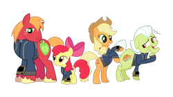 Size: 5360x3008 | Tagged: safe, artist:ponygamer2020, imported from derpibooru, apple bloom, applejack, big macintosh, granny smith, earth pony, pony, fallout equestria, absurd resolution, adorabloom, apple bloom's bow, apple family, applejack's hat, bipedal, bow, clothes, cowboy hat, cute, cutie mark, fallout, female, filly, grin, group, hair bow, hat, jumpsuit, looking back, looking down, male, mare, older, open mouth, open smile, pipboy, png, rearing, simple background, smiling, stallion, teeth, the cmc's cutie marks, transparent background, unshorn fetlocks, vault suit, vector
