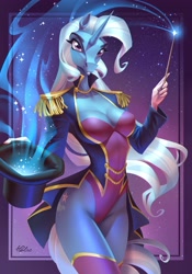 Size: 2867x4096 | Tagged: safe, artist:holivi, imported from derpibooru, trixie, anthro, horse, unguligrade anthro, unicorn, equestria girls, equestria girls series, street magic with trixie, spoiler:eqg series (season 2), beautiful, breasts, busty trixie, cleavage, clothes, costume, cute, diatrixes, epaulettes, equestria girls outfit, fanart, female, hat, high-cut clothing, leotard, looking at you, magic, magic act, magic aura, magic wand, magician outfit, mare, redraw, sexy, simple background, skinny, smiling, socks, solo, starry background, stupid sexy trixie, thigh highs, top hat, wand, zettai ryouiki