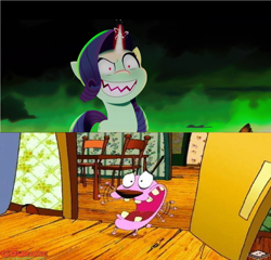 Size: 1280x1230 | Tagged: safe, imported from derpibooru, rarity, dog, pony, unicorn, big eyes, boomerang (tv channel), cartoon network, courage the cowardly dog, evil, evil rarity, female, male, mare, open mouth, panicking, scared, scary, teeth