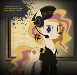 Size: 852x832 | Tagged: safe, artist:hotkinkajou, artist:lalieri, edit, editor:hotkinkajou, oc, oc only, oc:bombshell, pegasus, pony, caption, clothes, collaboration, collage, cutie mark, headphones, headset, highfleet, microphone, older, sergeant, simple background, transparent background, uniform, vector