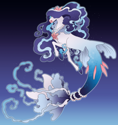 Size: 3109x3300 | Tagged: safe, artist:turnipstewdios, imported from derpibooru, oc, oc only, hybrid, merpony, seapony (g4), blue background, commission, curly hair, female, fins, fish tail, flowing mane, flowing tail, fusion, jewelry, necklace, pearl necklace, pokémon, primarina, purple mane, simple background, solo, spectrier, tail