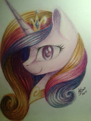 Size: 453x604 | Tagged: safe, artist:avonir, imported from derpibooru, princess cadance, alicorn, pony, bust, crown, eyelashes, female, horn, jewelry, mare, peytral, regalia, signature, smiling, solo, traditional art