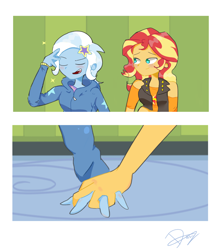Size: 2314x2592 | Tagged: safe, artist:noahther, imported from derpibooru, sunset shimmer, trixie, human, equestria girls, blushing, clothes, embarrassed, eyes closed, female, fingers interlocked, hairpin, holding hands, hoodie, lesbian, looking at each other, looking at someone, open mouth, shipping, smiling, suntrix