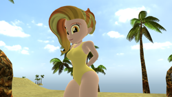 Size: 1920x1080 | Tagged: safe, artist:mr.uberrebu25, imported from derpibooru, luster dawn, equestria girls, 3d, beach, beach babe, breasts, busty luster dawn, clothes, equestria girls-ified, hands behind back, one-piece swimsuit, solo, swimsuit, yellow swimsuit