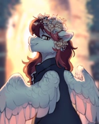 Size: 859x1080 | Tagged: safe, artist:myscherri, imported from derpibooru, oc, oc only, pegasus, pony, fangs, flower, flower in hair, looking back, smiling, solo, spread wings, wings